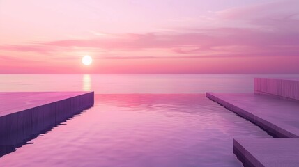 Obraz premium Gorgeous sunset in shades of pink and purple over a still ocean, reflecting pool guides the eye to the horizon, creating a tranquil and ethereal ambiance, minimalist design
