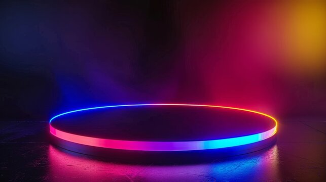Glowing rainbow neon light podium on dark background, tech style, vibrant pedestal showcase for technology product, fantasy platform stage, futuristic, isolated on white background, ample copy space