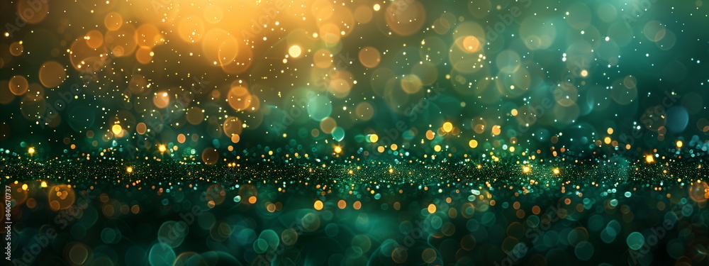 Wall mural abstract image featuring a horizontal blend of green and gold glitter bokeh, sparkling and festive b