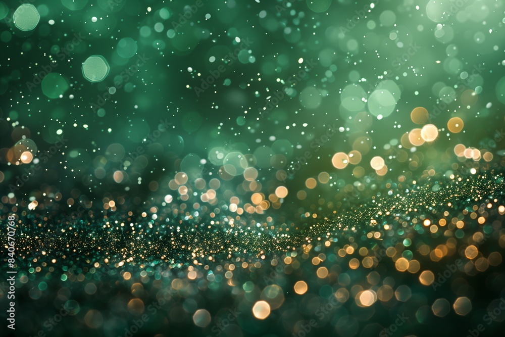 Wall mural abstract green and gold glitter bokeh background with sparkling lights and a shimmering surface. fes