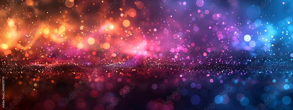 Wall mural abstract orange, pink and blue glitter bokeh background with a blend of warm and cool hues featuring