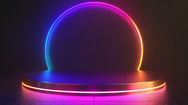 Tech style 3D glowing rainbow neon podium on dark background, colorful pedestal for technology products, fantasy platform stage, nightclub sign frame, futuristic display