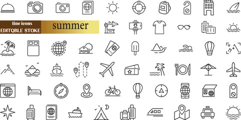 Set of line icons in linear style. Series - Summer and summer holidays. Travel and tourism.