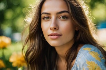 Fototapeta premium Vibrant casual outdoor portrait of a young woman in a sunny park with lush greenery and flowers, capturing relaxation and happiness.