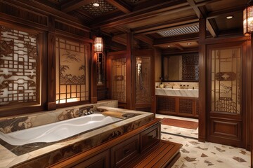 This image showcases a classic Asian-inspired bathroom featuring a traditional wooden ofuro soaking tub, intricate wooden carvings, paper lantern lighting, sliding fusuma doors, and a tatami mat floor