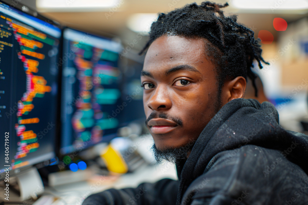 Poster young man coding on computer screens. indoor portrait. technology and software development concept