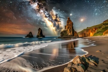 A breathtaking nighttime landscape of a black sand beach with jagged rock formations in the distance. The Milky Way galaxy stretches across the sky in a dazzling display of stars. 