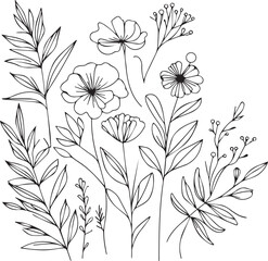 Vector hand-drawn flat design simple flower outline on a white background