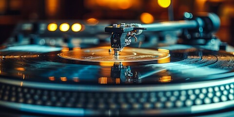 A close up shot of a turntable needle playing a vinyl record