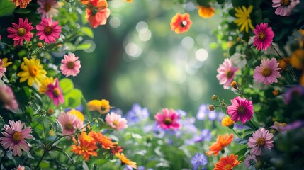 A field of flowers with a bright, colorful, and vibrant atmosphere