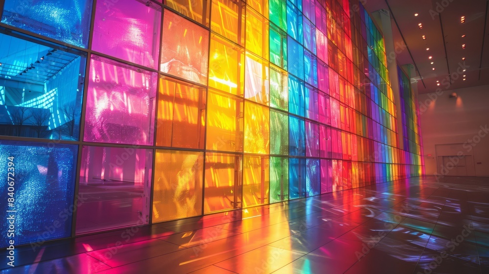 Poster a colorful wall with many windows and a rainbow effect