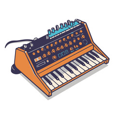 Fototapeta premium Illustration of an electronic keyboard synthesizer with colorful buttons and dials, set on a white background.
