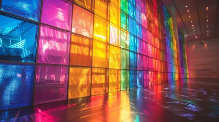 Fototapeta premium A colorful wall with many windows and a rainbow effect