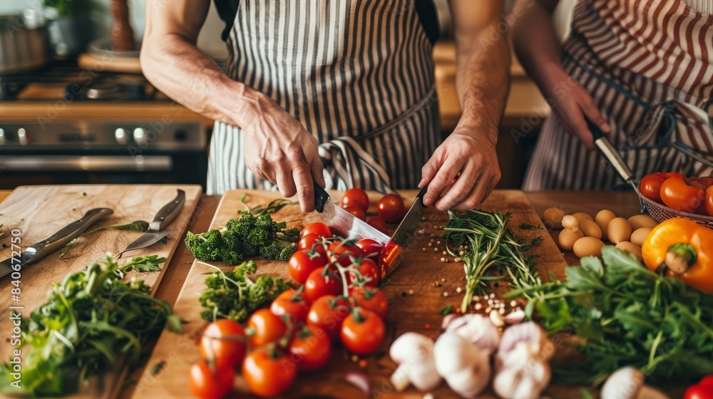 Wall mural Woman preparing a barbecue with vegetables and sausages on the grill