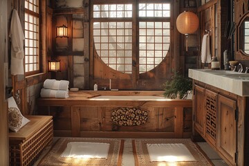 This image showcases a classic Asian-inspired bathroom featuring a traditional wooden ofuro soaking tub, intricate wooden carvings, paper lantern lighting, sliding fusuma doors, and a tatami mat floor