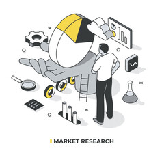Market research concept. Man analyzing a pie chart; representing market shares. Gathering; analyzing; and interpreting data to inform marketing decisions. Marketing strategy Isometric illustration