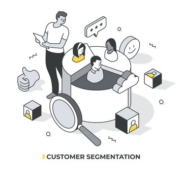 Customer segmentation concept. Man with clipboard defines target audience and customer profiles analyzing pie chart with diverse consumer groups. Marketing strategy isometric illustration