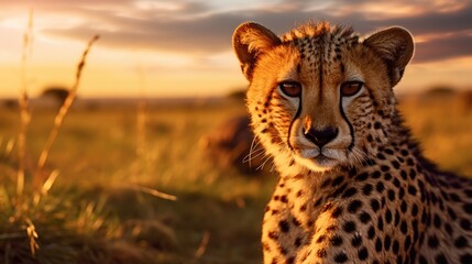 A cheetah sitting in a grassy field at sunset