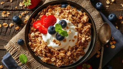 Fototapeta premium A bowl of healthy breakfast with mixed berries and creamy yogurt, suitable for food or lifestyle photography