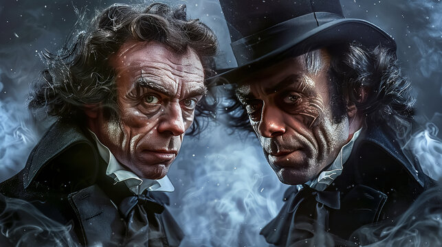 A dramatic portrait of a respectable Victorian gentleman, demonstrating the deep conflict and duality within one man. ?llusion on the topic Dr. Jekyll and Mr. Hyde