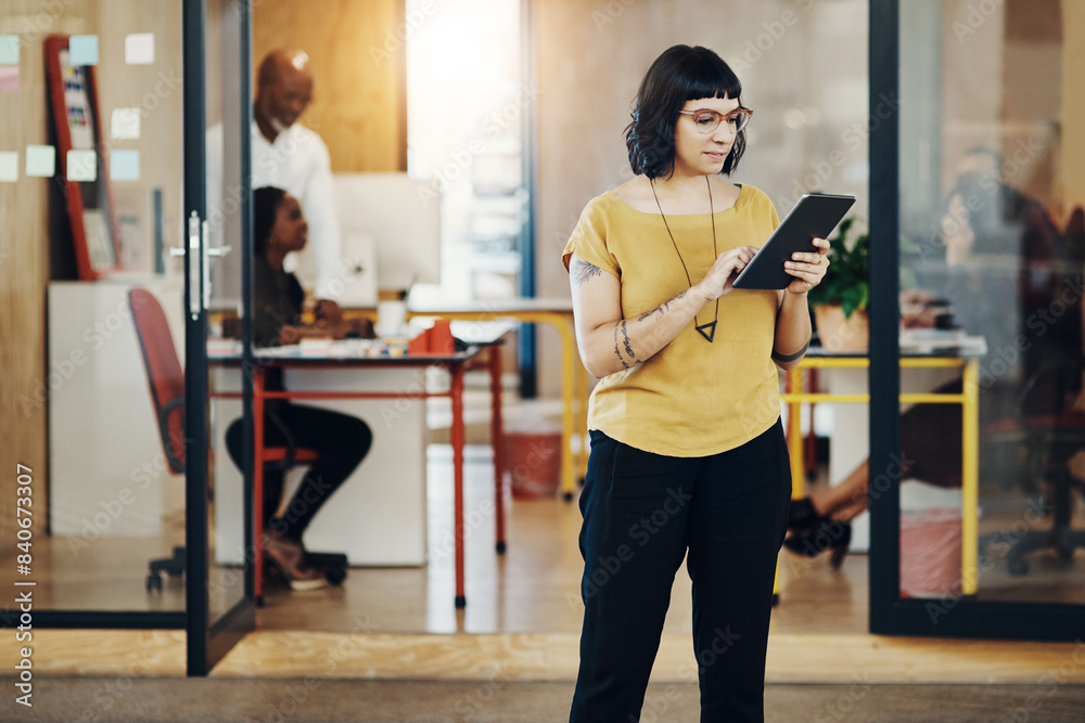 Poster Woman, tablet and thinking at startup with reading, typing and check notification on web in office. Person, internship and digital touchscreen with ideas, click ad research on app at creative agency