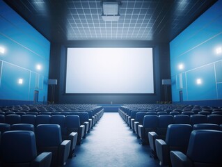 A vacant movie theater with rows of seats and a projector screen, perfect for representing a quiet or abandoned atmosphere