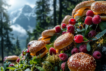 A culinary incredible: delicious agrestic cheeseburgers ripen in the forest on the slopes of a mountain valley. Surreal-fantastic image.