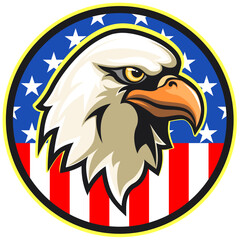 vector mascot illustration a circle of tough american bold eagle heads with an american flag motif in the background, work of hand drawn