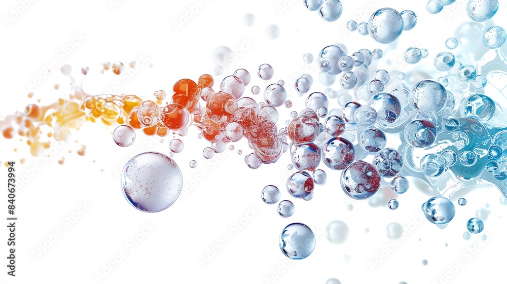 Poster abstract image of colorful translucent spheres in motion on a white background, symbolizing fluidity