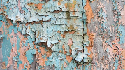 A zoomedin shot of a weathered surface with peeling paint creating an interesting mix of textures and hues