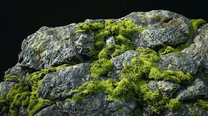 A shadowy closeup of a mosscovered boulder with layers of fuzzy emerald green growth adding depth and dimension to its co rocky exterior
