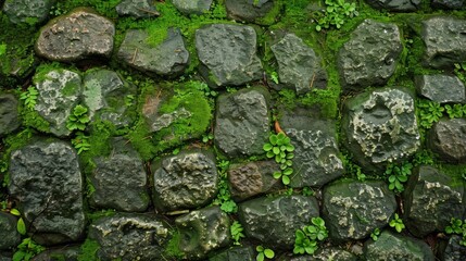 A zoomedin view of a mosscovered stone path with patches of vibrant green and dark green creating a visually interesting and tactile texture