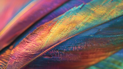 A closeup of a pea feather revealing vibrant iridescent layers and a velvety smoothness to the touch