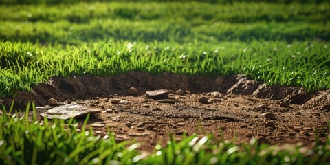 A small hole in the middle of a green grassy field, perfect for outdoor scenes or nature photography