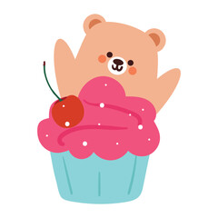 Fototapeta premium cute hand drawing cartoon bear with strawberry cupcake. cute animal sticker with cute dessert. cute doodle