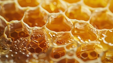 Closeup of a honeycomb slice displaying layers of hexagonal cells and rich gooey honey oozing out