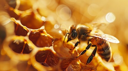 A closeup of a bee collecting nectar from a honeycomb cell capturing the warm inviting glow of the honey