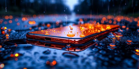 A close-up shot of a smartphone in the rain, with water droplets on its surface - Powered by Adobe