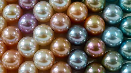 A closeup of a pearl necklace revealing the individual pearls uniquely smooth and lustrous surfaces reflecting a rainbow of colors