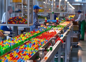 Obraz premium Assembly line creating toy parts, workers ensuring quality, colorful toy manufacturing facility