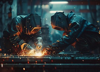 Welders in protective gear joining metal parts, bright sparks flying, industrial welding workshop