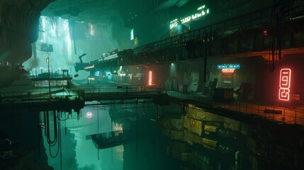 cyberpunk cityscape inside cavern