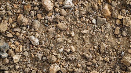 A detailed view of crumbling sandy soil revealing a variety of small stones and soils blending together