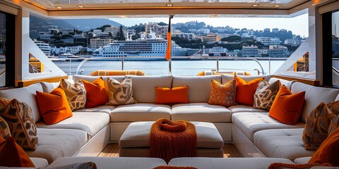 A spacious deck seating area on a luxury yacht with a view of a city skyline