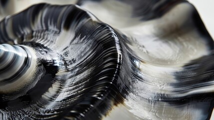 The smooth and shiny texture of a black and white shell with alternating bands of glossy and matte finishes