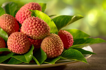 litchi on a plate, Fresh litchi fruit elegantly arranged on a plate, accompanied by vibrant green leaves, all bathed in soft, natural light