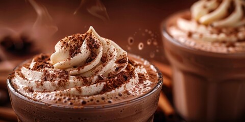 A close up of a steaming cup of hot chocolate topped with whipped cream and cocoa powder