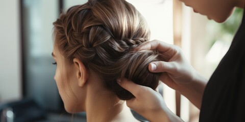 Fototapeta premium A woman sitting in a salon chair as a hair stylist works on her hair