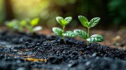 Close-up of small green plants growing in dark soil with sunlight shining through the background