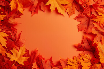 Autumn leaves as a frame. Autumn frame. A frame made of leaves. Orange leaves on orange background. Autumn card.  Autumn sale. 